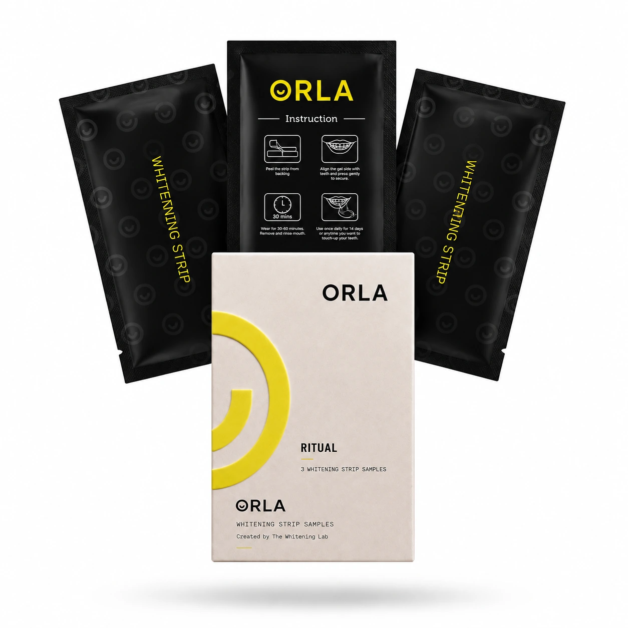 ORLA™ 6% HP Whitening Strips Sample Pack: three black whitening strip pouches with yellow ORLA™ branding