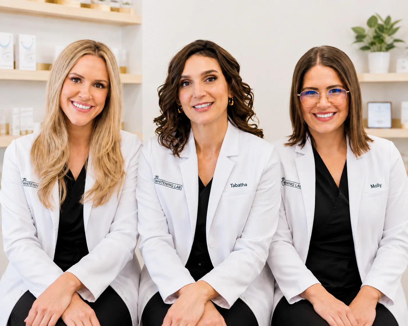 Tabatha Post, Courtney Carll, and Molly St. Hilaire, the three owners of The Whitening Lab, in the studio in Gray, Maine