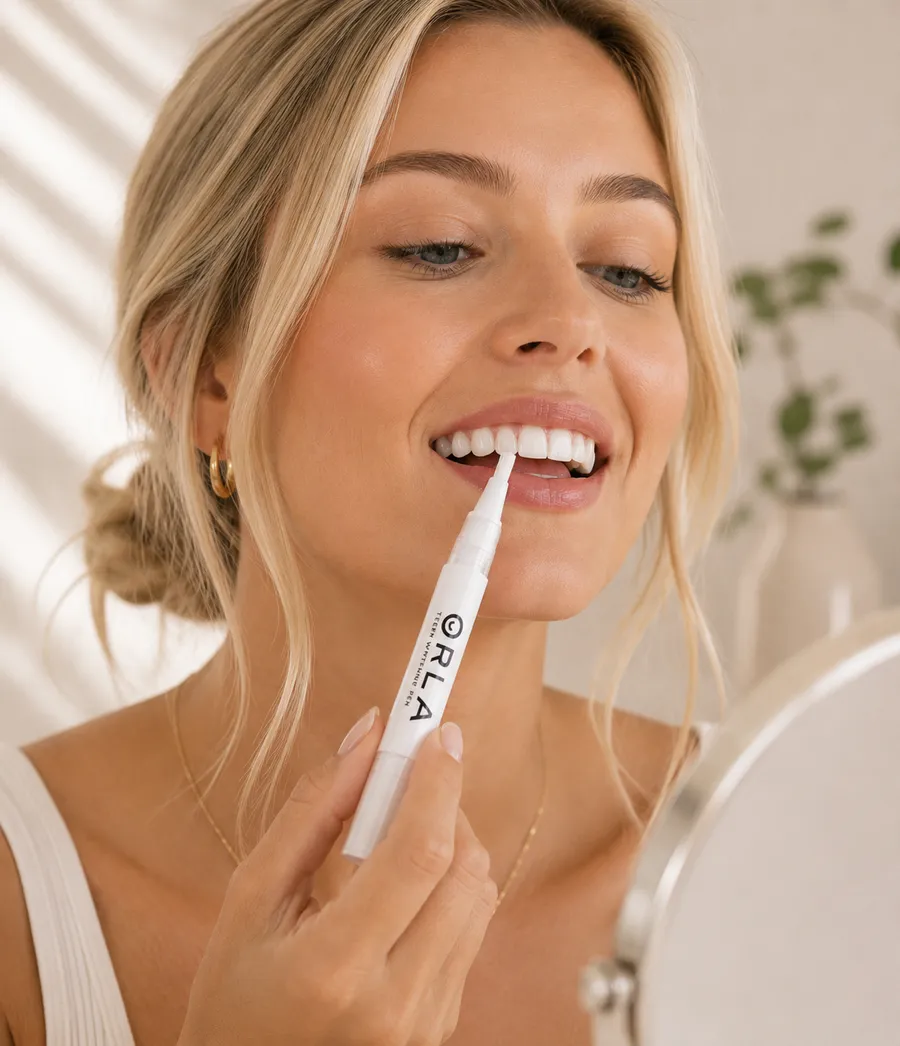 Woman applying the ORLA Whitening Pen to her teeth