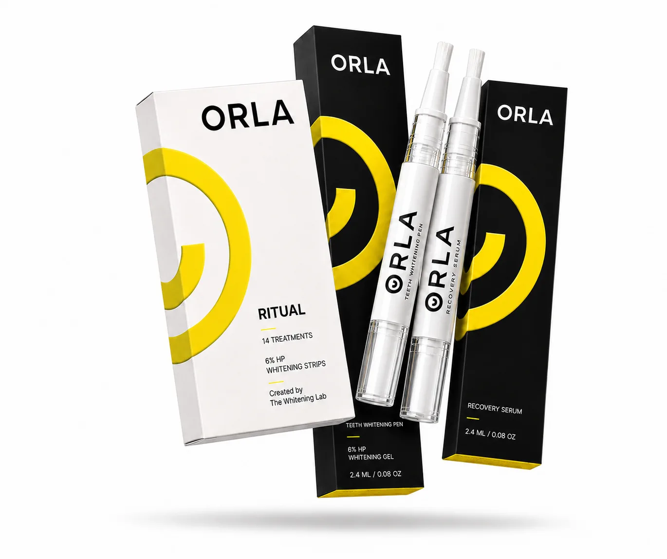 The Complete ORLA™ Routine bundle: one ORLA™ whitening strip box, one whitening pen, and one recovery serum